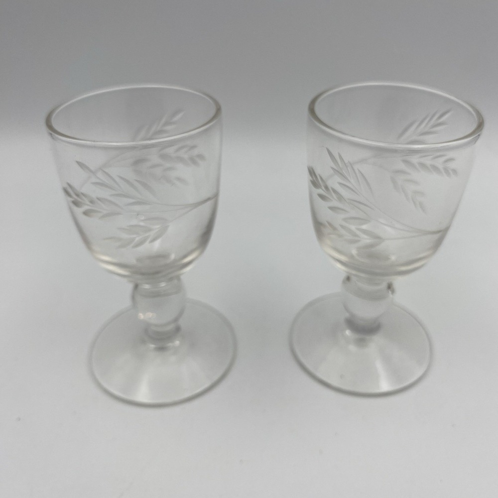 Vintage‎ Etched Wheat Cordial Glass Pair Footed Very Pretty